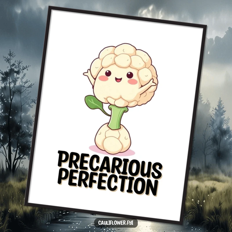 Funny poster art of a cauliflower character in a precarious yet perfect balance on its single floret.