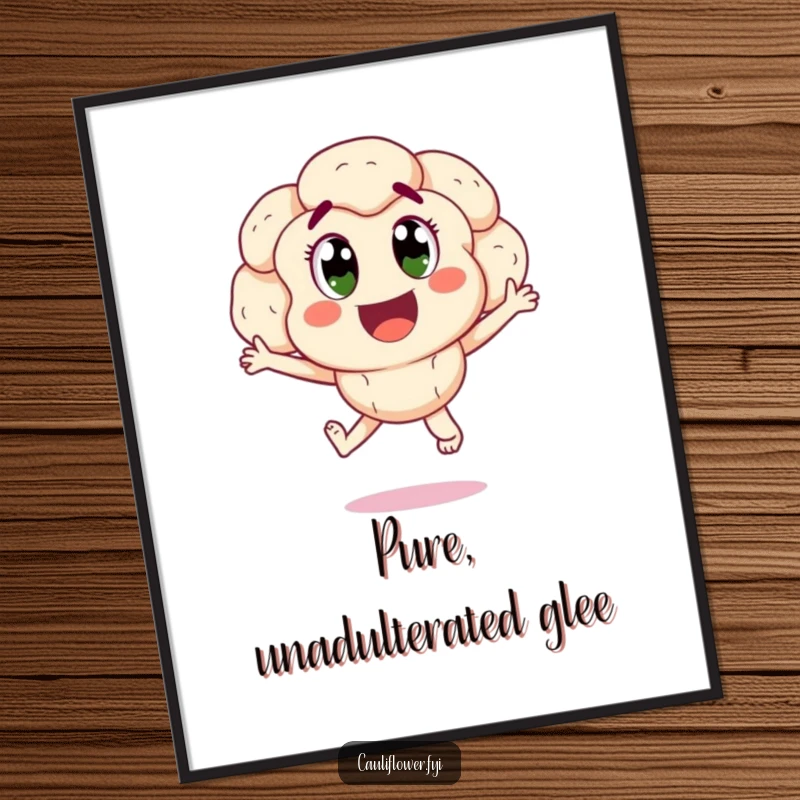 Funny happy cauliflower with wide, excited eyes jumping for joy, a humorous wall art poster.