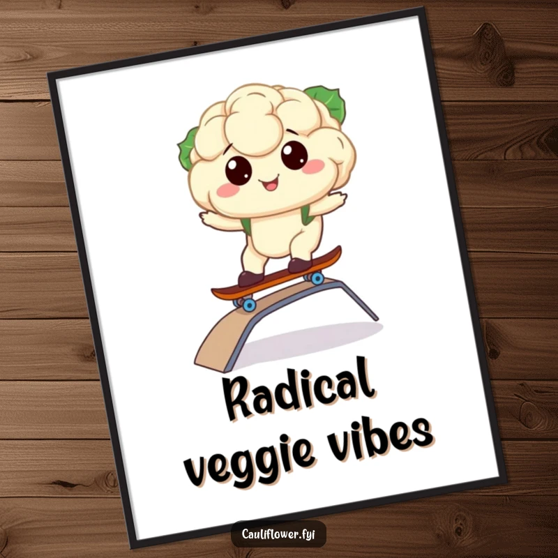 Funny poster showcasing a cool kawaii cauliflower riding a skateboard with a happy expression.
