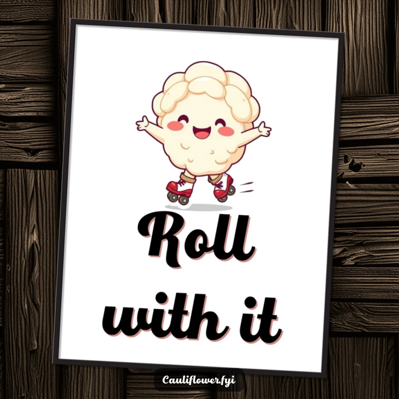 Funny poster of a smiling cauliflower character expertly roller skating with arms wide open, a champion of vegetable fun.