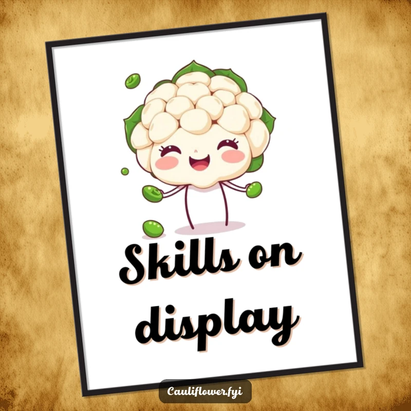 Funny Cauliflower Poster of a happy veggie head skillfully juggling peas, bringing vibrant and humorous talent to any wall.