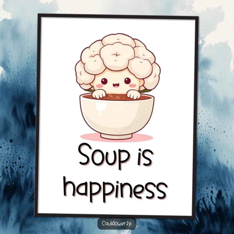 Funny cauliflower character peeking over a tiny steaming bowl with delight on a poster, adding a touch of food-loving humor and charm to wall decor.