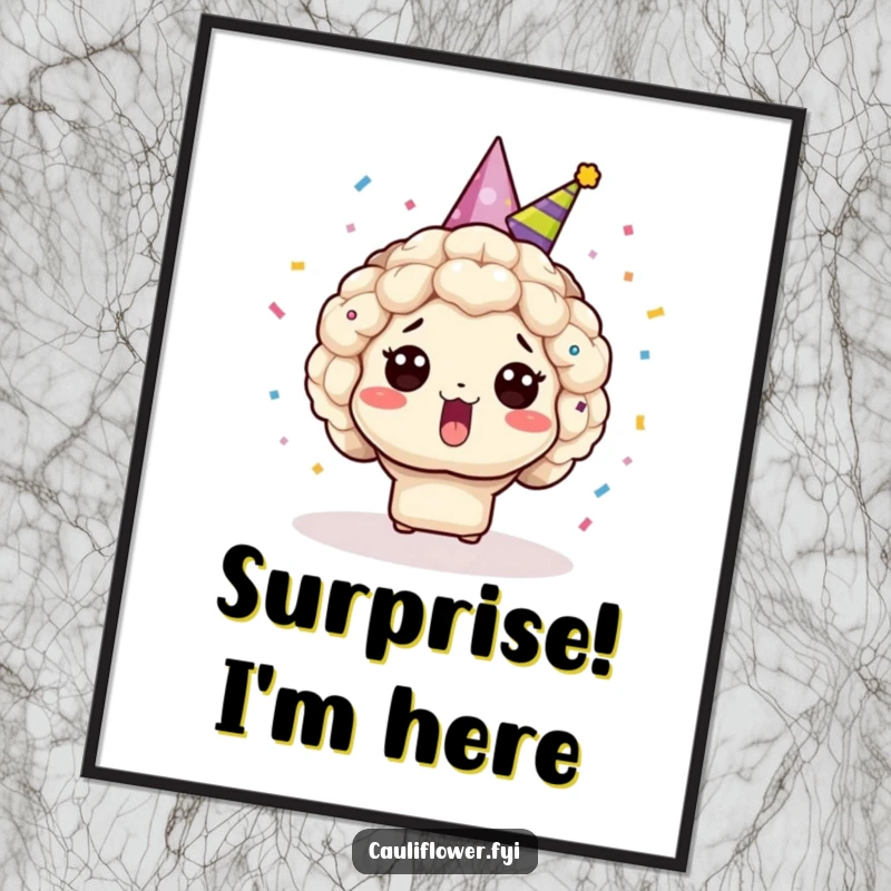 Funny Kawaii cauliflower in a party hat, surprised by confetti burst, creating a humorous and festive poster.