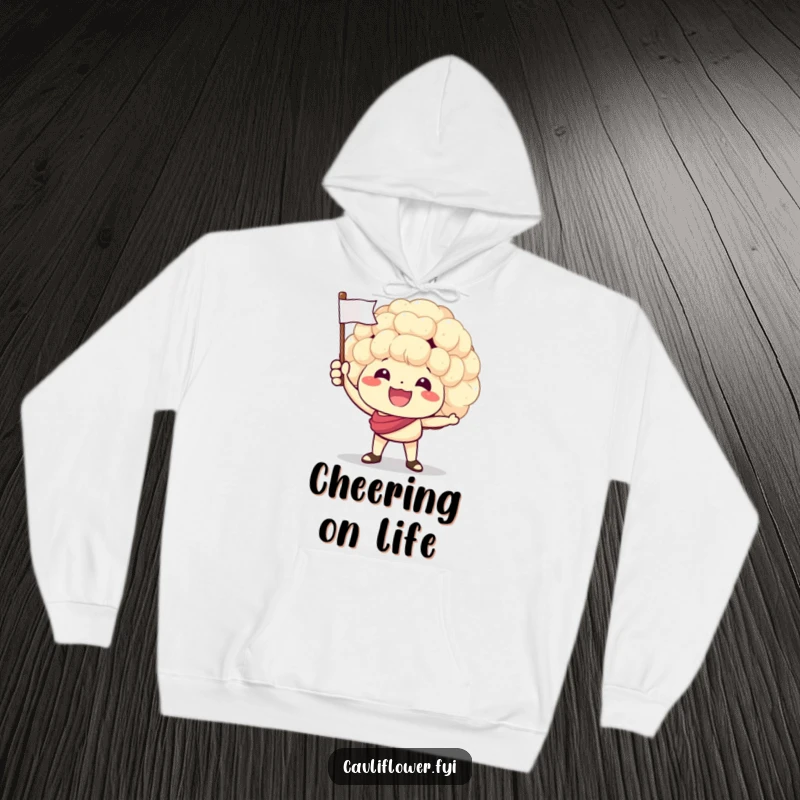 Funny hoodie featuring a happy cauliflower character waving a small flag with immense excitement, representing enthusiastic support.
