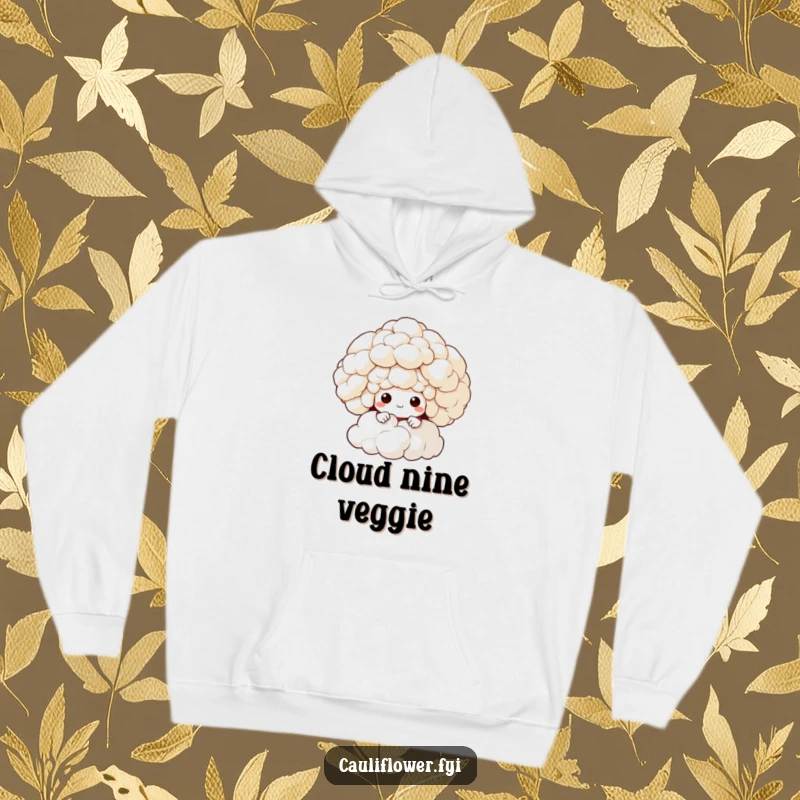 Funny hoodie with a cauliflower character hiding partially behind a fluffy cloud, creating a sense of playful mystery.