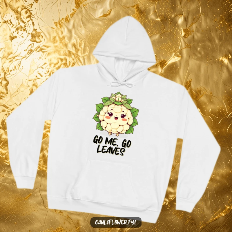 Funny happy Kawaii cauliflower cheering with a leafy pom-pom, a cozy and humorous hoodie.