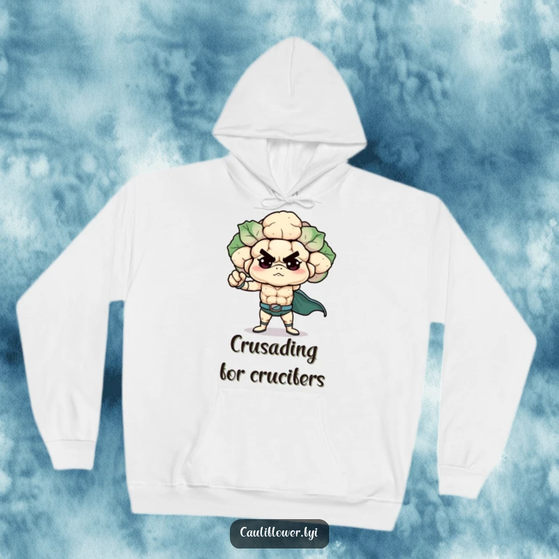 Funny Cauliflower Hoodie depicting a determined veggie superhero striking a powerful pose, blending comfort with hilarious heroism.