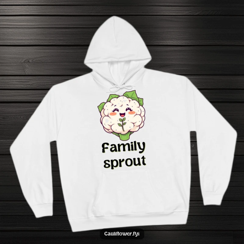 Funny hoodie with a smiling cauliflower beaming as a tiny seedling sprouts, offering comfort and a sense of family.