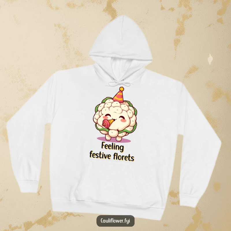 Funny hoodie featuring a jubilant kawaii cauliflower in a party hat, ready to celebrate.