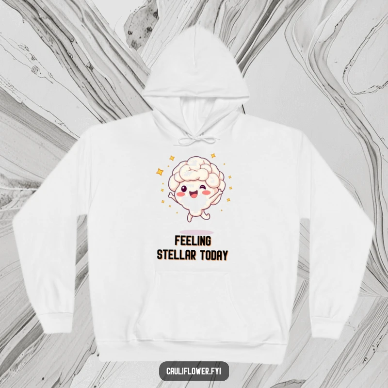 Funny hooded sweatshirt showing a cauliflower character in a happy jump, with little stars bursting outwards.
