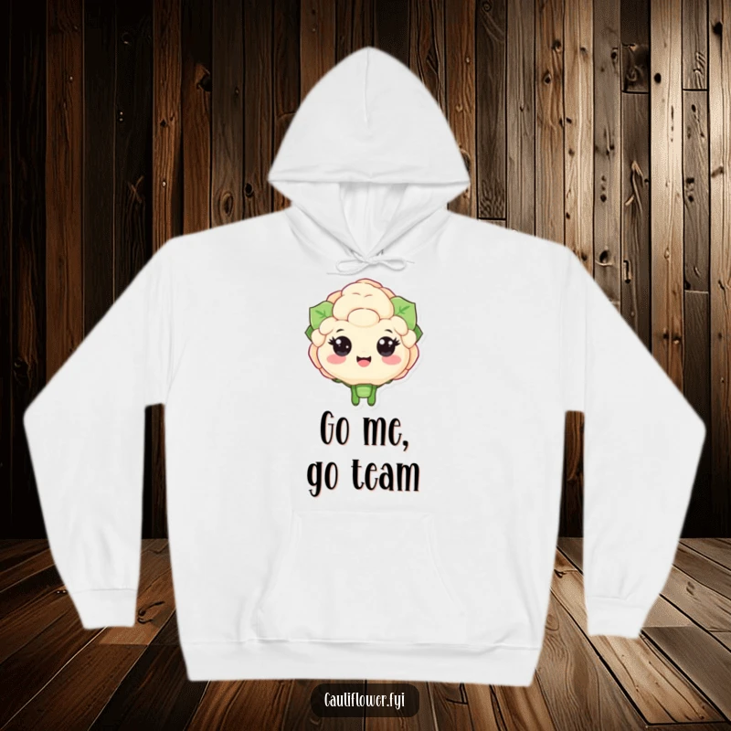 Funny hoodie featuring a happy cauliflower character with expressive eyes cheering enthusiastically, providing warmth and positive energy.