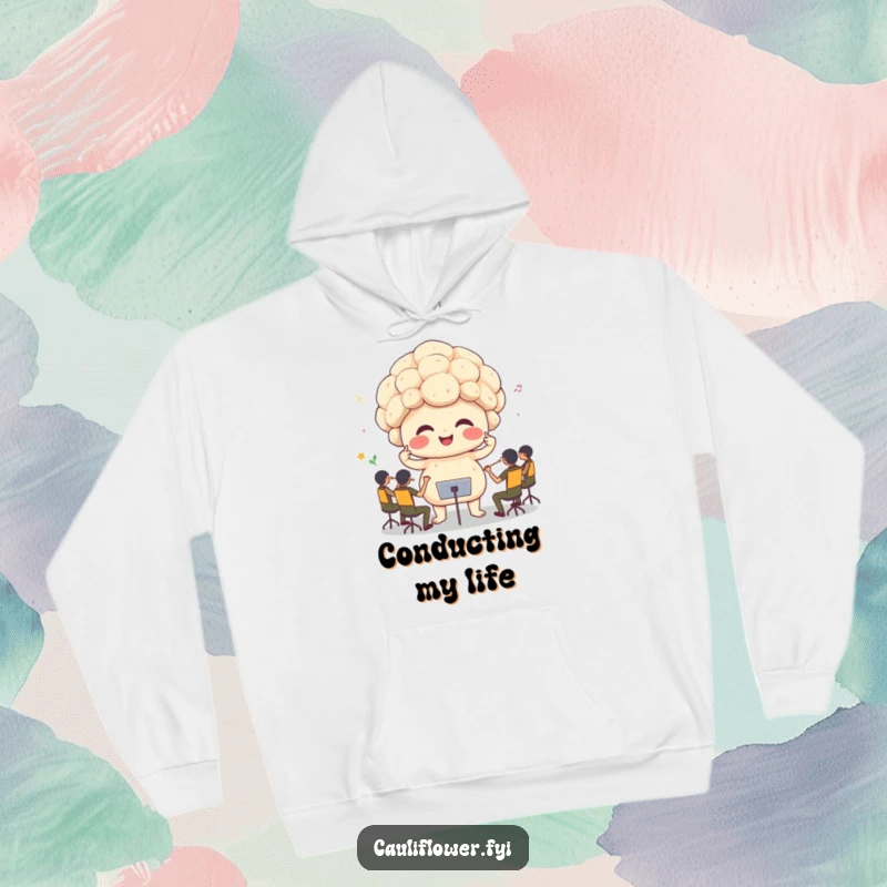 Funny cauliflower conducting a lively tiny orchestra, showcasing humor and musical passion on a cozy hoodie.