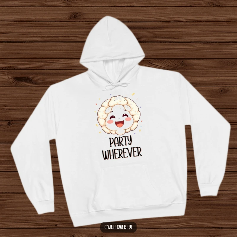 Funny hoodie with a happy cauliflower face, rosy cheeks, and a wide smile, tossing confetti joyfully.