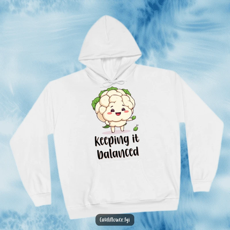 Funny cauliflower attempting to juggle peas with a silly grin, a cozy and humorous hoodie.