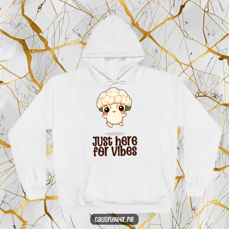 Funny hoodie featuring a whimsical cauliflower with tiny feet mid-leap, conveying energy and lightheartedness for cozy, humorous wear.