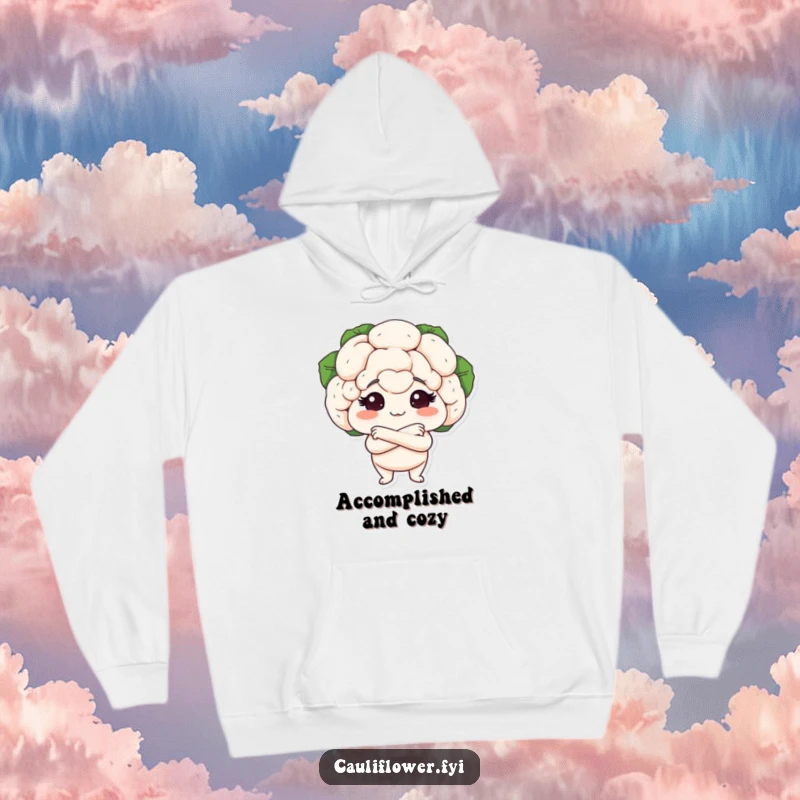 Funny hoodie with a cauliflower head, small arms crossed in a proud stance, offering cozy comfort with a side of veggie arrogance.