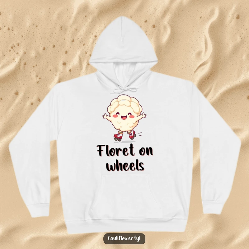 Funny hoodie depicting a smiling cauliflower character joyfully roller skating with arms wide, exuding pure, unadulterated fun.