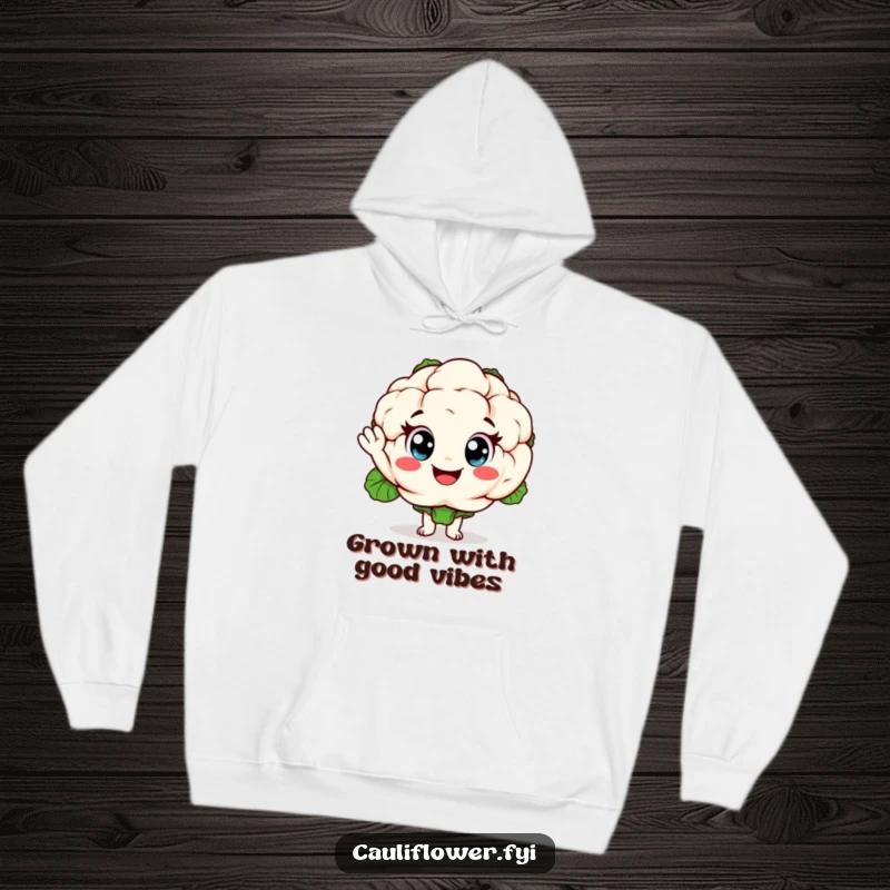 Funny cauliflower hoodie featuring a super cheerful character waving hello, perfect for staying warm and expressing a lighthearted personality.
