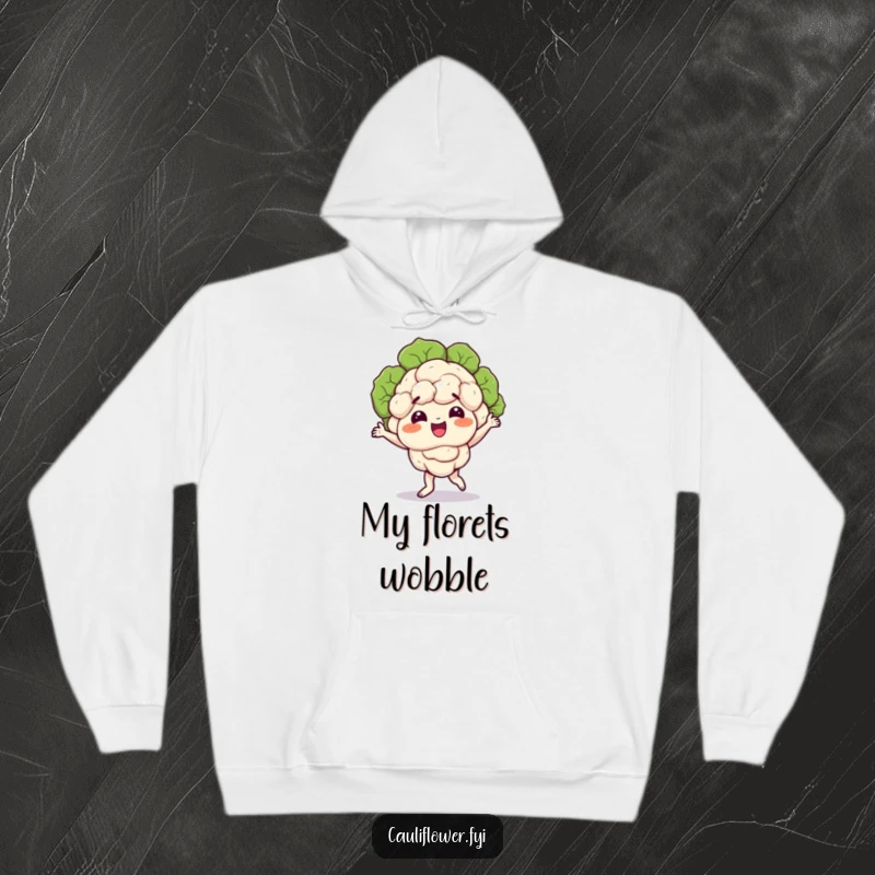 Funny hoodie showcasing a happy cauliflower character dancing wildly, florets shaking, radiating infectious energy and joy.