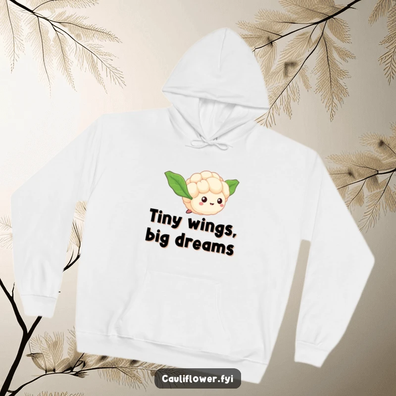 Funny Cauliflower Floret Hoodie featuring a tiny veggie with leaf wings, humorously taking flight in a cozy and dream-inspiring design.