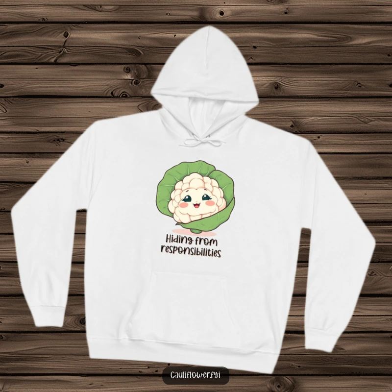 Funny Cauliflower Hoodie depicting a veggie peeking from behind a leaf, giggling playfully, blending comfort with humorous secrets.