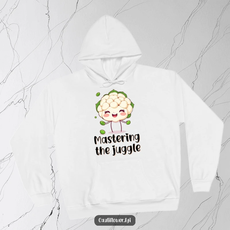 Funny Cauliflower Hoodie depicting a happy veggie head juggling peas, blending comfort with hilarious performance.