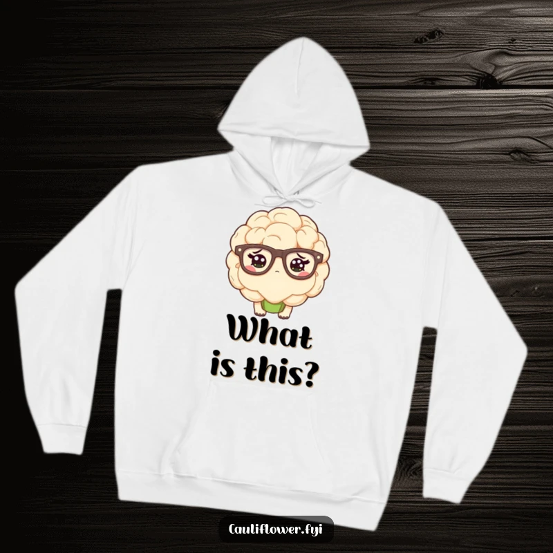 Funny kawaii cauliflower wearing oversized glasses and looking confused on a hoodie.