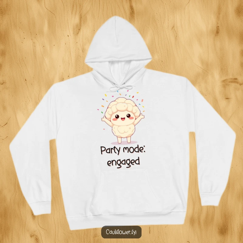 Funny Kawaii cauliflower hoodie graphic of a cheerful veggie gleefully spinning colorful confetti, ideal for cozy, happy moments.