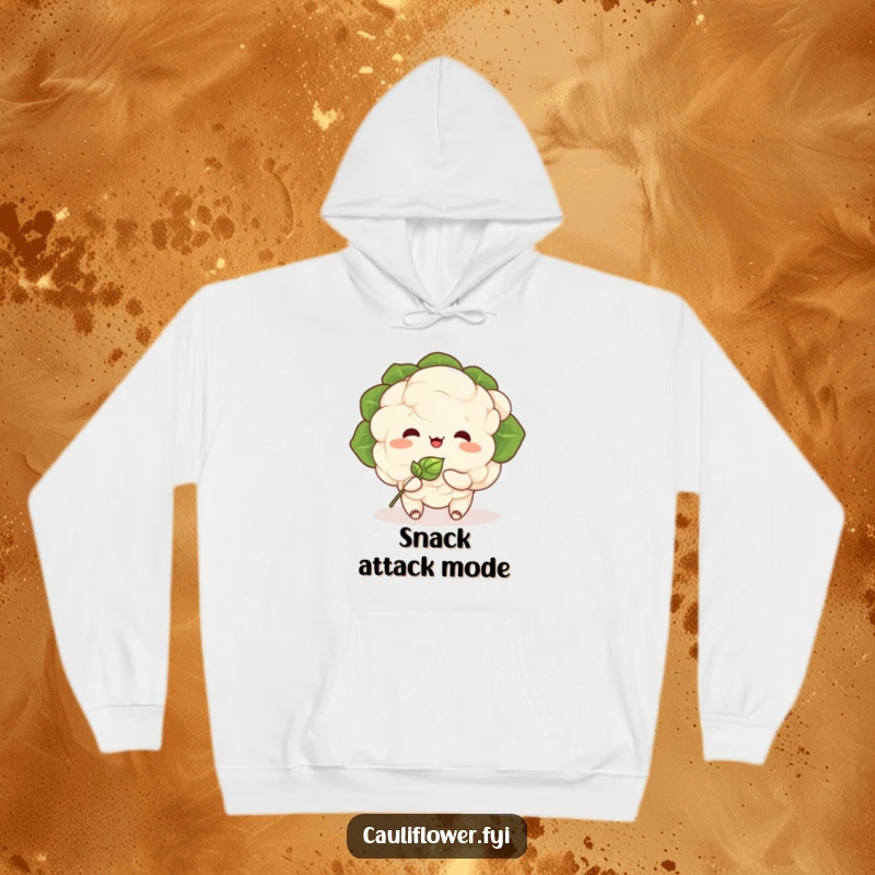 Funny Kawaii cauliflower character sharing a happy meal with a tiny, smiling sprout, featured on a cozy hoodie.