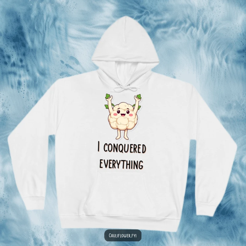 Funny cauliflower striking a triumphant pose with sprout arms raised, embodying celebration and confidence in this cozy hoodie.