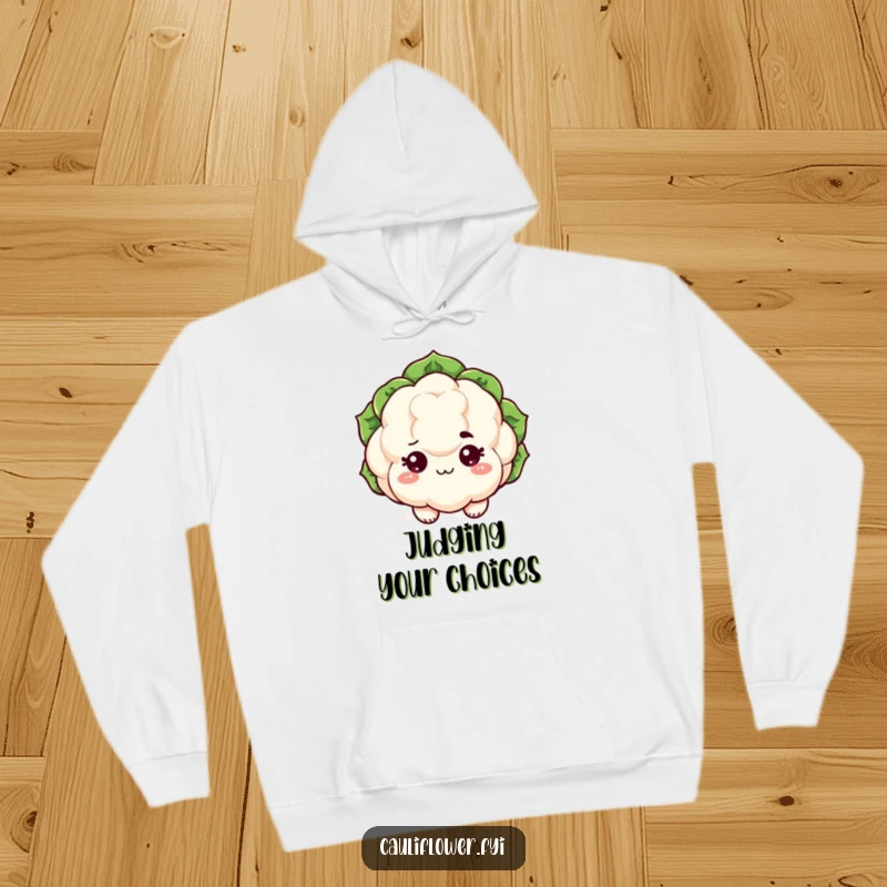 Funny kawaii cauliflower hoodie with sparkling eyes and a raised eyebrow, comfortable and sassy apparel.