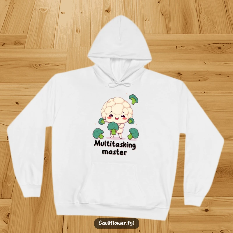 Funny hoodie featuring a kawaii cauliflower skillfully juggling broccoli, offering comfort and a humorous touch.