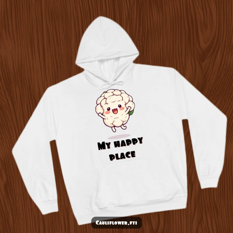 Funny kawaii cauliflower hoodie featuring a joyful hop with a bounce, comfortable and humorous apparel.