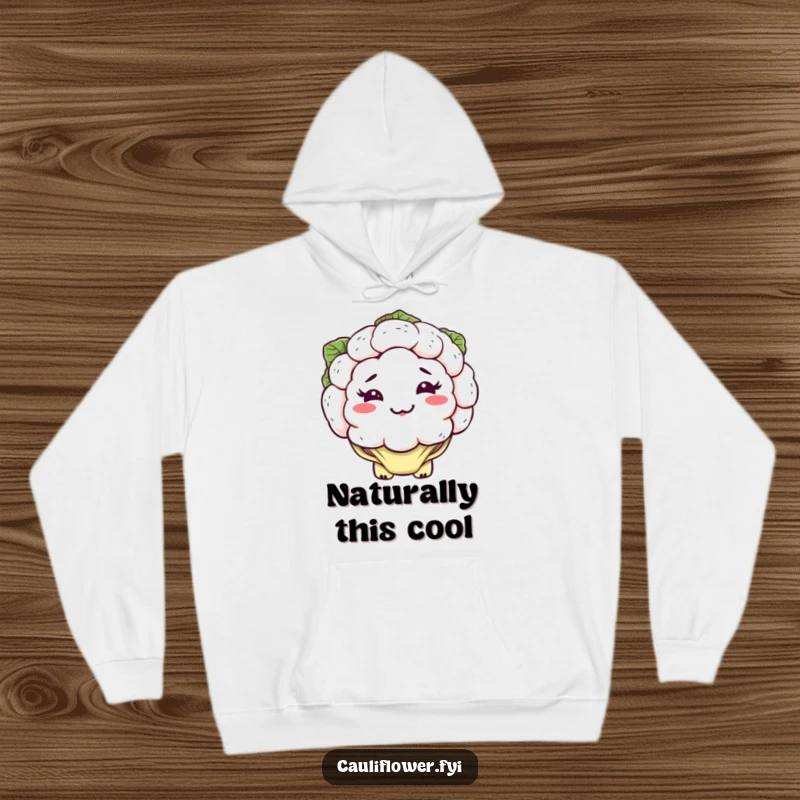 Funny kawaii cauliflower hoodie, featuring a silly, lopsided grin and floppy leaves, warm and humorous apparel.