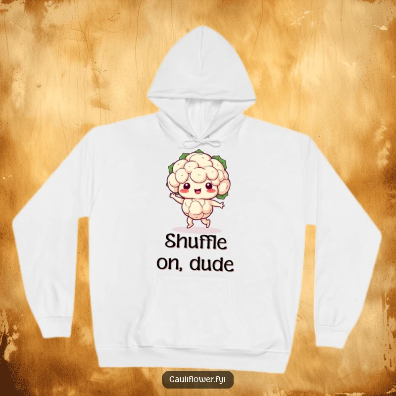 Funny Kawaii cauliflower doing a silly shuffle dance, a cozy and humorous hoodie for fun lovers.