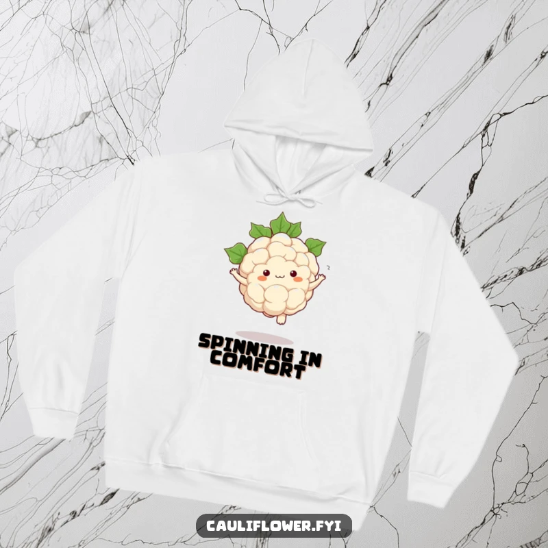 Funny hoodie of a kawaii cauliflower performing a comical pirouette with dynamic swirls of leaves surrounding it.