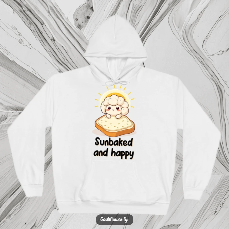 Funny Kawaii cauliflower sunbathing on a giant toast slice, a cozy and humorous hoodie for relaxation.
