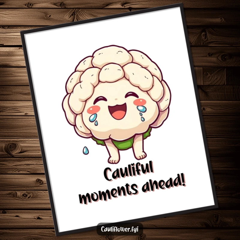 Funny Free Printable Wall Art: Kawaii cauliflower character laughing heartily, tears of joy streaming down, radiating happiness.