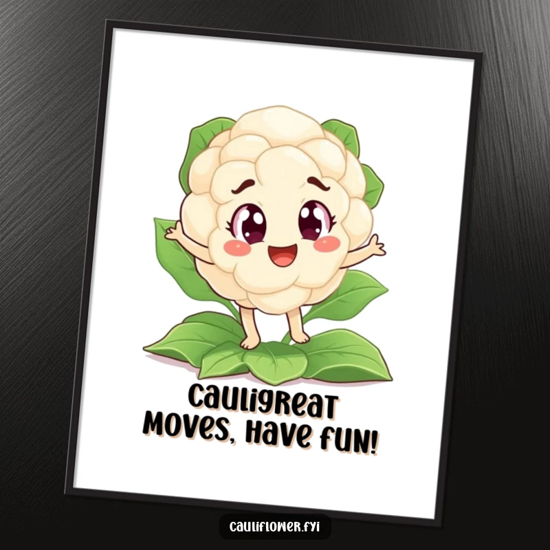 Funny Free Printable Wall Art: A cauliflower with big, excited eyes doing a silly jig on a leafy background.