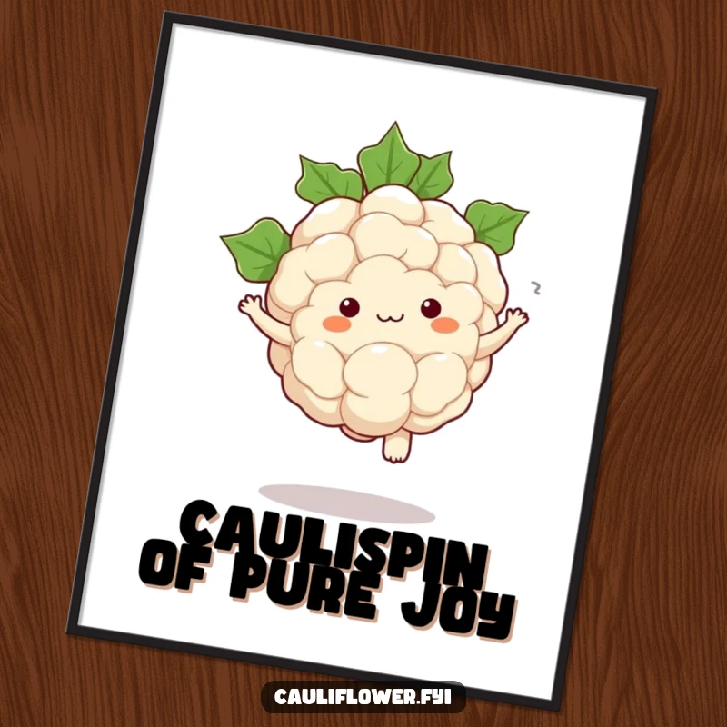 Funny Free Printable Wall Art: A kawaii cauliflower performing a comical pirouette with leaves swirling around.