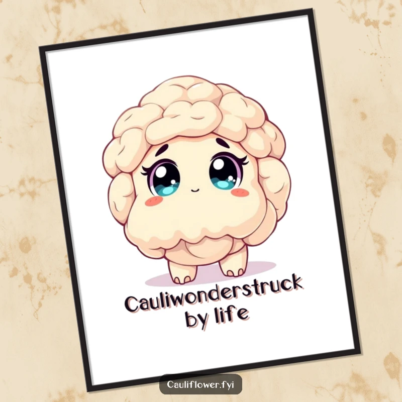Funny Free Printable Wall Art: A cauliflower character looks up with wide, sparkling eyes, capturing a moment of pure astonishment and joy.