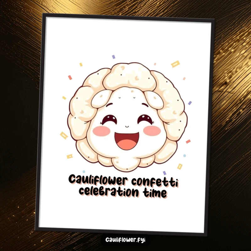 Funny Free Printable Wall Art: A cauliflower face with rosy cheeks and wide smile, throwing colorful confetti.