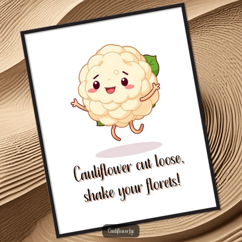 Funny free printable wall art: a single cauliflower with extremely wobbly legs, captured mid-silly-dance, ready to bring joy.