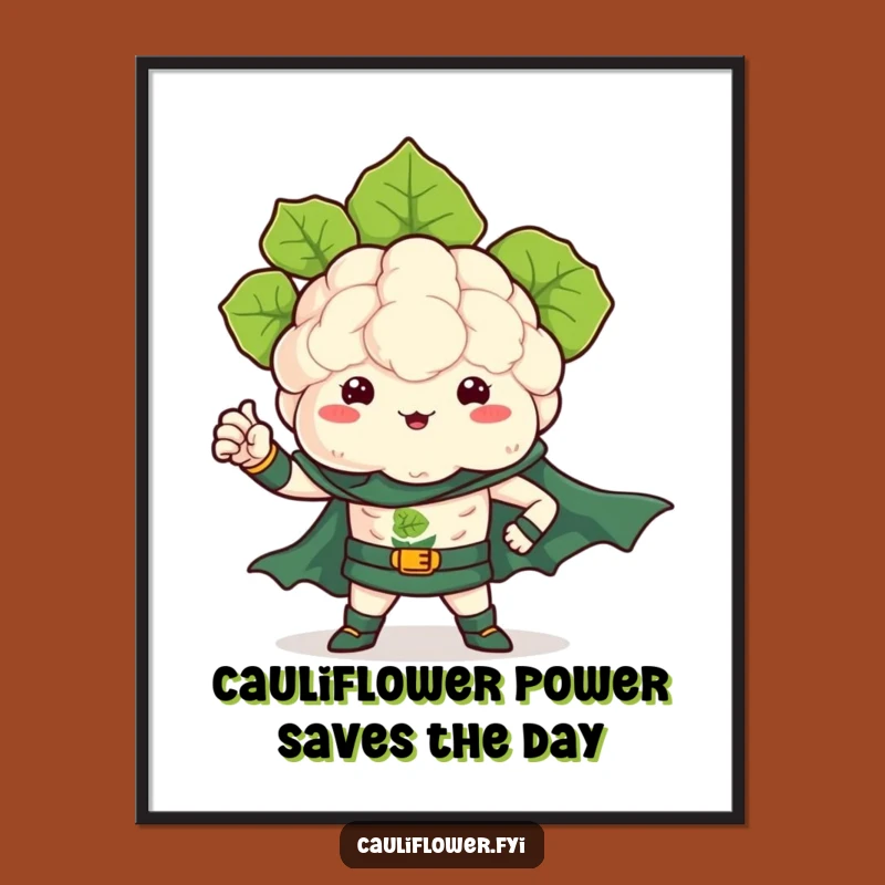 Free Printable Kawaii Cauliflower Art: Superhero Veggie - Funny Downloadable Wall Decor