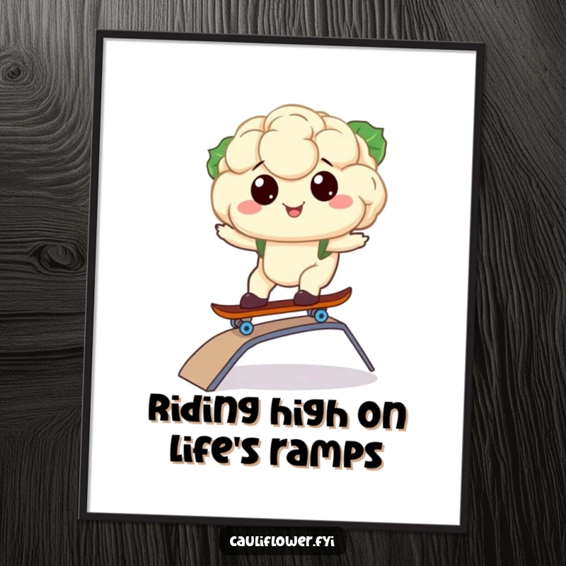 Funny Free Printable Wall Art: Kawaii cauliflower confidently riding a tiny skateboard down a ramp, radiating cool, happy energy.