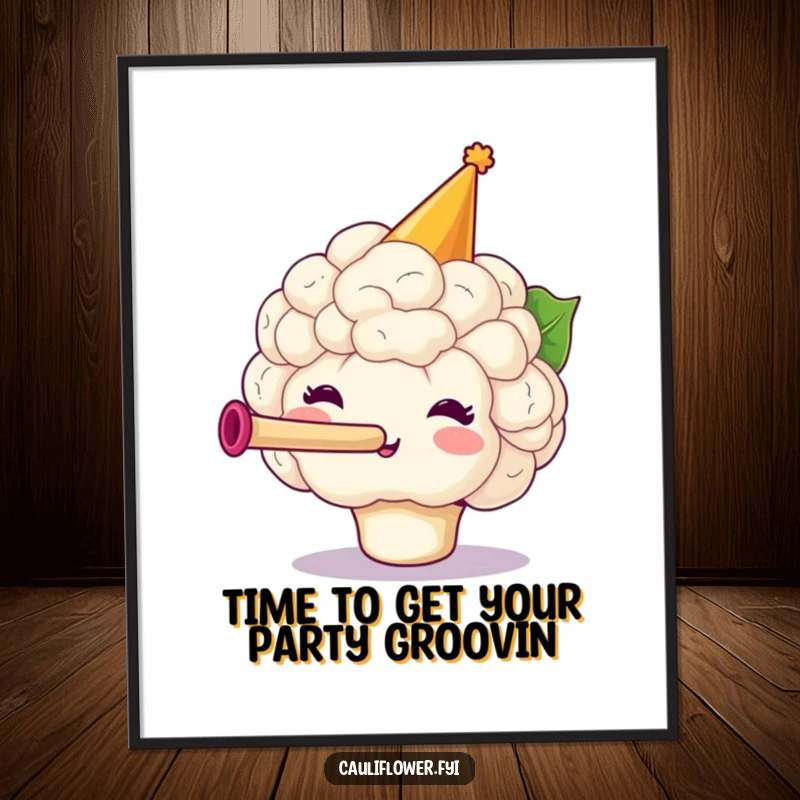 Funny free printable wall art of a cauliflower head in a party hat blowing a tiny horn, radiating festive joy.