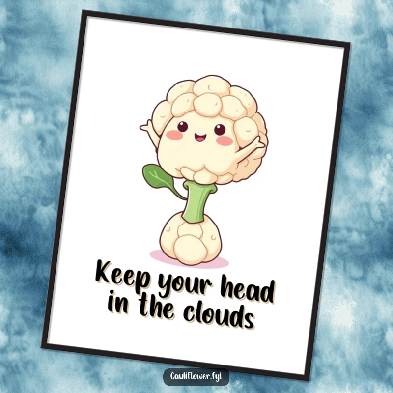 Funny Free Printable Wall Art: A cauliflower character standing on one floret, arms out, in a comical balancing act. Quirky art.