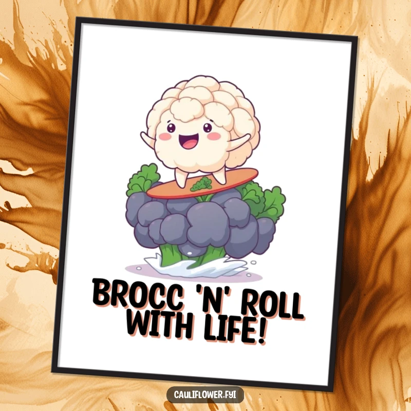 Funny Free Printable Wall Art of a cauliflower with a massive grin, joyfully surfing atop a colossal broccoli floret.