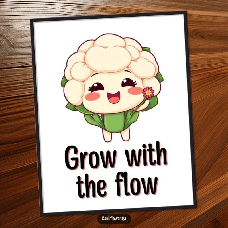 Funny Free Printable Wall Art: A happy cauliflower character delightedly offers a tiny, sparkling flower. Sweet decor.