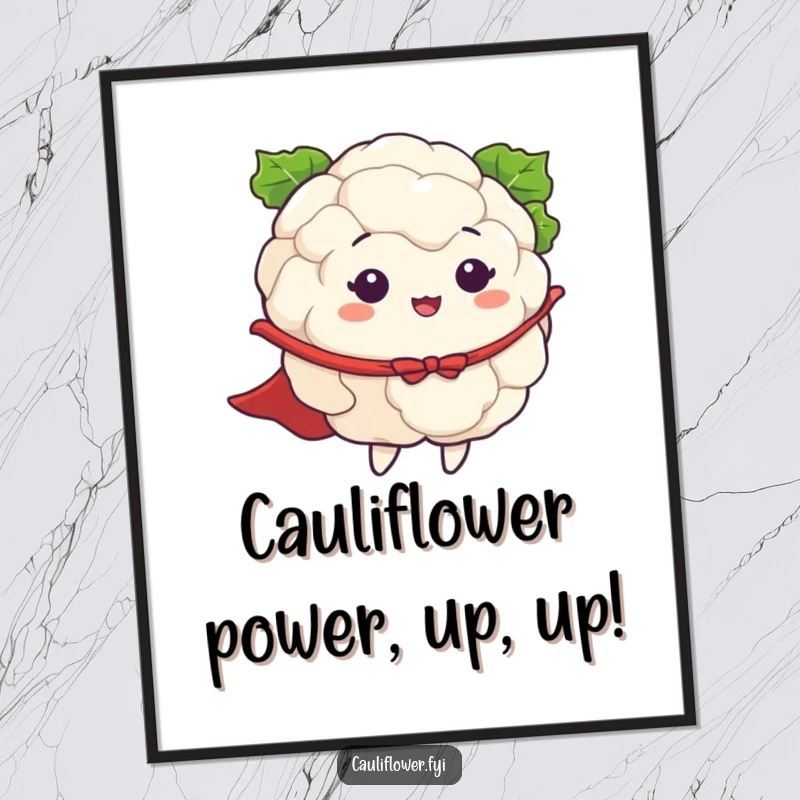 Funny free printable wall art: a cauliflower sporting a cape, mid-pretend flight, striking a dynamic superhero pose.